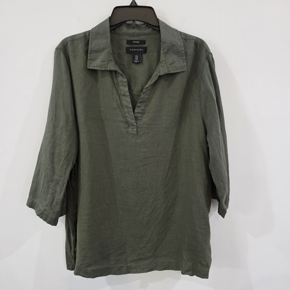 Tahari Womens Linen Top Size 1X Green Minimalist Beach Neutral Euro Summer